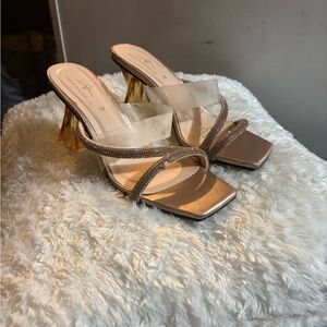 Chic Gold Women's Heels with Clear Straps